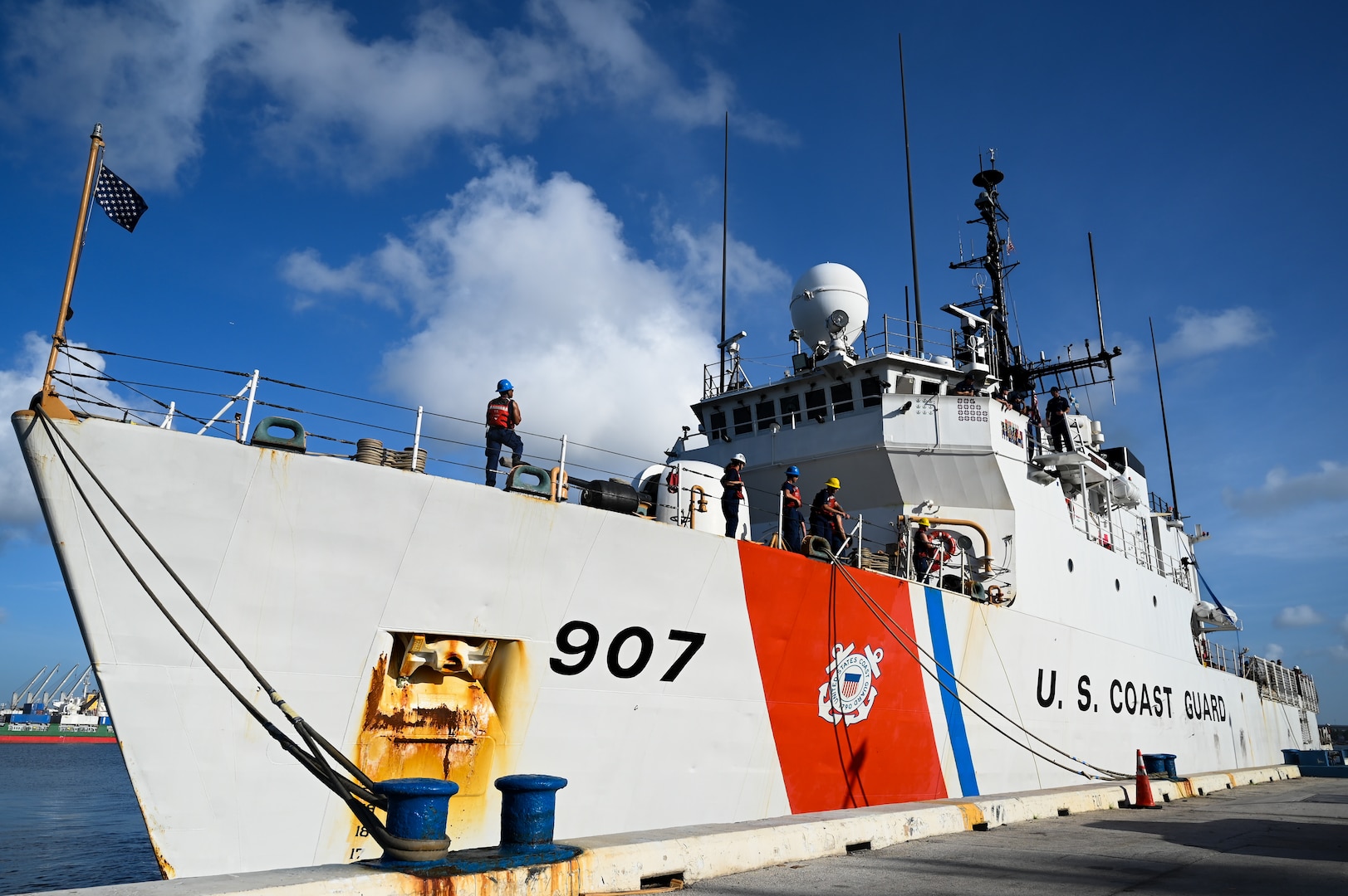 The U.S. Coast Guard Cutter Escanaba mooring at Port Everglades, Florida, on August 5, 2025. The seized contraband was the result of three separate interdiction in the eastern Pacific by Coast Guard crews. (U.S. Coast Guard photo by Petty Officer 3rd Class Jessica Walker)