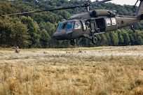 U.S. Soldiers with Charlie Company, 1st Battalion, 109th Infantry Regiment exit a UH-60 Black Hawk helicopter as they perform combat maneuvers during an exercise at Fort Indiantown Gap, Pennsylvania, July 29, 2025. The Soldiers trained in an intensive 96 hour force-on-force exercise to simulate combat against a capable adversary. (U.S. Army National Guard photo by Staff Sgt. Zachery Jockel)