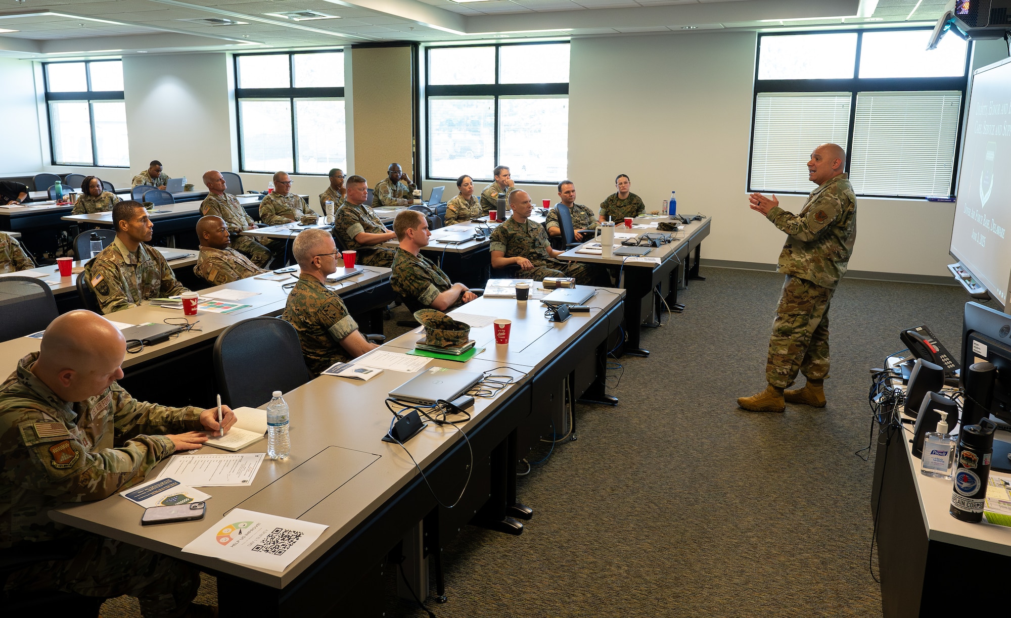 U.S. Air Force Maj. Benjamin Quintanilla Jr., Air Force Mortuary Affairs Operations senior chaplain, briefs the dignified transfer mission sequence of events during the Chaplain Corps Mortuary Training course, a two-day course hosted by AFMAO, at Dover Air Force Base, Delaware, July 29, 2025. The training prepares chaplains and religious support personnel to care for families of the fallen, covering topics such as the dignified transfer, grief counseling, and providing emotional and spiritual support. It emphasizes the chaplains' vital role as compassionate caregivers during times of loss. (U.S. Air Force photo by Jason Minto)