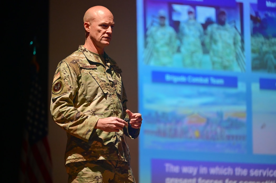 U.S. Air Force Brig. Gen. Christopher Hammond, director of the Chief of Staff of the Air Force’s Implementation Task Force, receives questions from Airmen about Deployable Combat Wing initiatives at Little Rock Air Force Base, Arkansas, July 31, 2025. During his visit, Hammond emphasized that Little Rock’s strong infrastructure and mission-ready Airmen position the base at the forefront of the Air Force’s future force generation efforts.