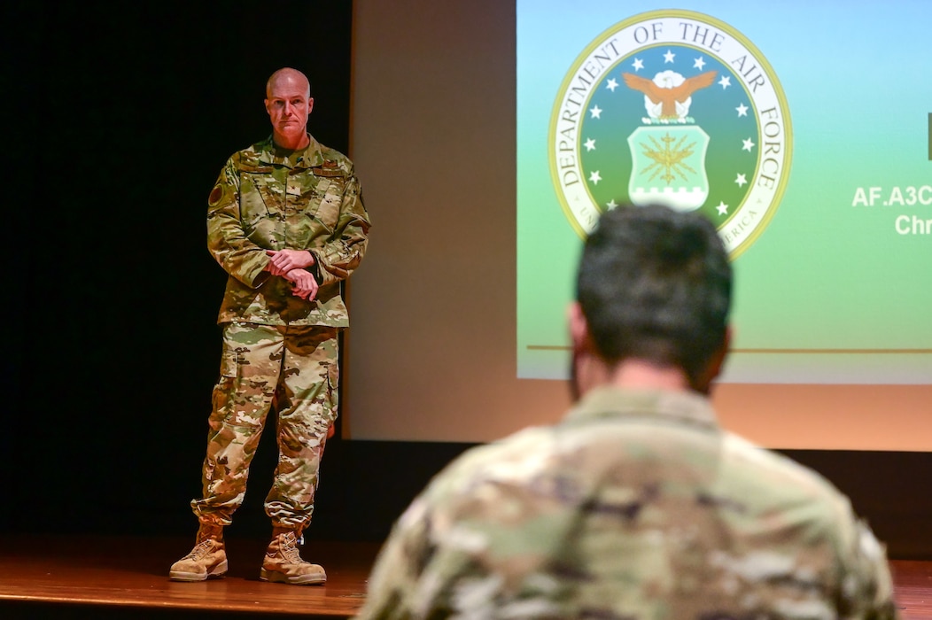 U.S. Air Force Brig. Gen. Christopher Hammond, director of the Chief of Staff of the Air Force’s Implementation Task Force, receives questions from Airmen about Deployable Combat Wing (DCW) initiatives at Little Rock Air Force Base, Arkansas, July 31, 2025. Throughout his visit, Hammond highlighted the operational benefits of the DCW model, noting that unified deployment packages will enhance mission effectiveness while minimizing the inefficiencies associated with the current “piecemeal” approach to deployments.