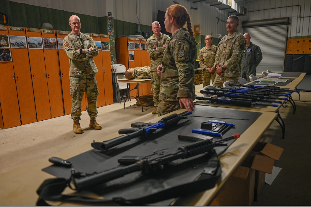 U.S. Air Force 1st Lt. Erin McCabe, 19th Civil Engineer Squadron readiness flight officer, briefs Brig. Gen. Christopher Hammond, director of the Chief of Staff of the Air Force’s Implementation Task Force, about Warrior Airman Readiness (WAR) Center operations during his visit to Little Rock Air Force Base, Arkansas, July 31, 2025. Throughout his visit, Hammond explained the operational benefits of the Deployable Combat Wing model, noting that unified deployment packages will enhance mission effectiveness while minimizing the inefficiencies associated with the current “piecemeal” approach to deployments.