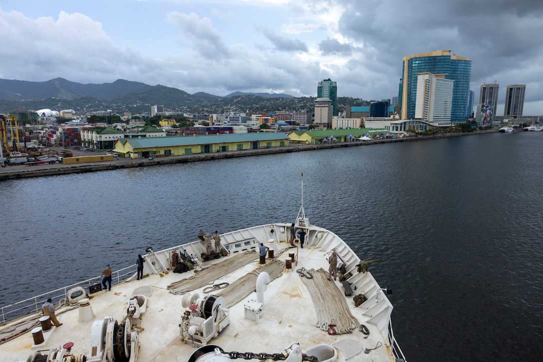 The Mercy-class hospital ship USNS Comfort (T-AH 20) arrives in Port of Spain, Trinidad during Continuing Promise 2025, August 5, 2025. Continuing Promise 2025 is the 16th iteration of the U.S. 4th Fleet/U.S. Naval Forces Southern Command-led mission since 2007, which aims to foster goodwill, strengthen existing partnerships with partner nations, and form new partnerships between host nations, non-federal entities, and international organizations.