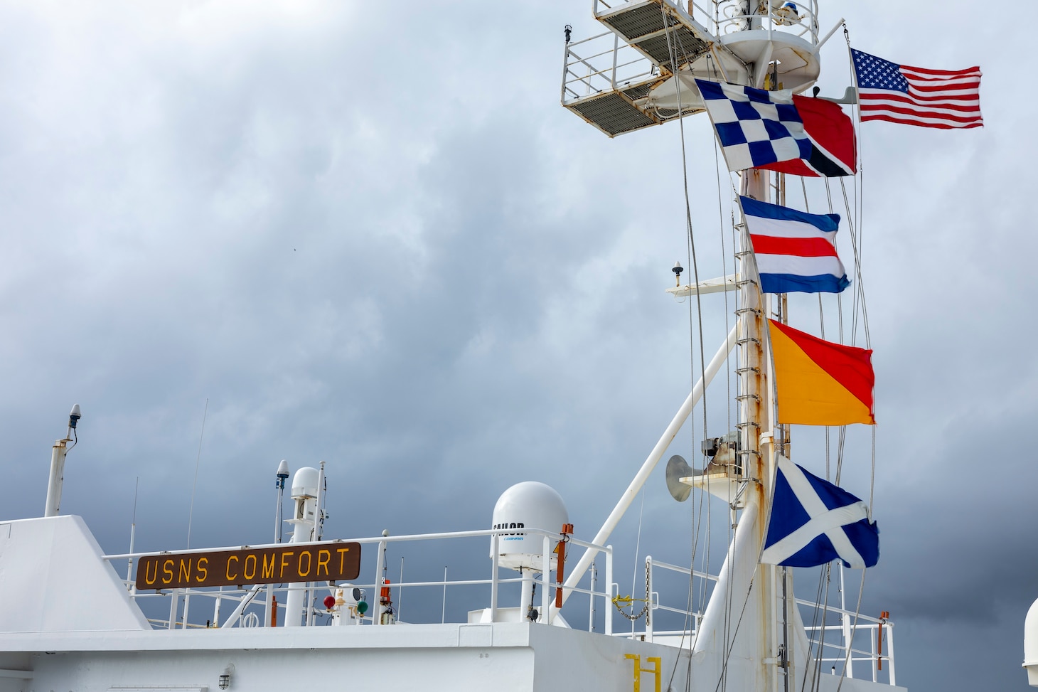 The Mercy-class hospital ship USNS Comfort (T-AH 20) arrives in Port of Spain, Trinidad during Continuing Promise 2025, August 5, 2025. Continuing Promise 2025 is the 16th iteration of the U.S. 4th Fleet/U.S. Naval Forces Southern Command-led mission since 2007, which aims to foster goodwill, strengthen existing partnerships with partner nations, and form new partnerships between host nations, non-federal entities, and international organizations.