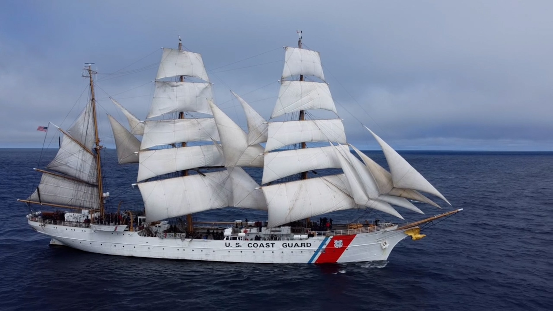 U.S. Coast Guard Cutter Eagle sails off the coast of Washington on July 21, 2025, after departing Victoria, Canada. Eagle’s port call to British Columbia was the first since 2008. The Coast Guard uses the Eagle to train cadets and officer candidates, teaching them practical seamanship skills while indoctrinating them in the Coast Guard’s afloat leadership laboratory. During Eagle’s port call in Victoria, cadets led public tours of the ship and participated in morale events and community service activities with their Canadian counterparts to reinforce international partnerships. (Coast Guard photo courtesy of USCGC Eagle)