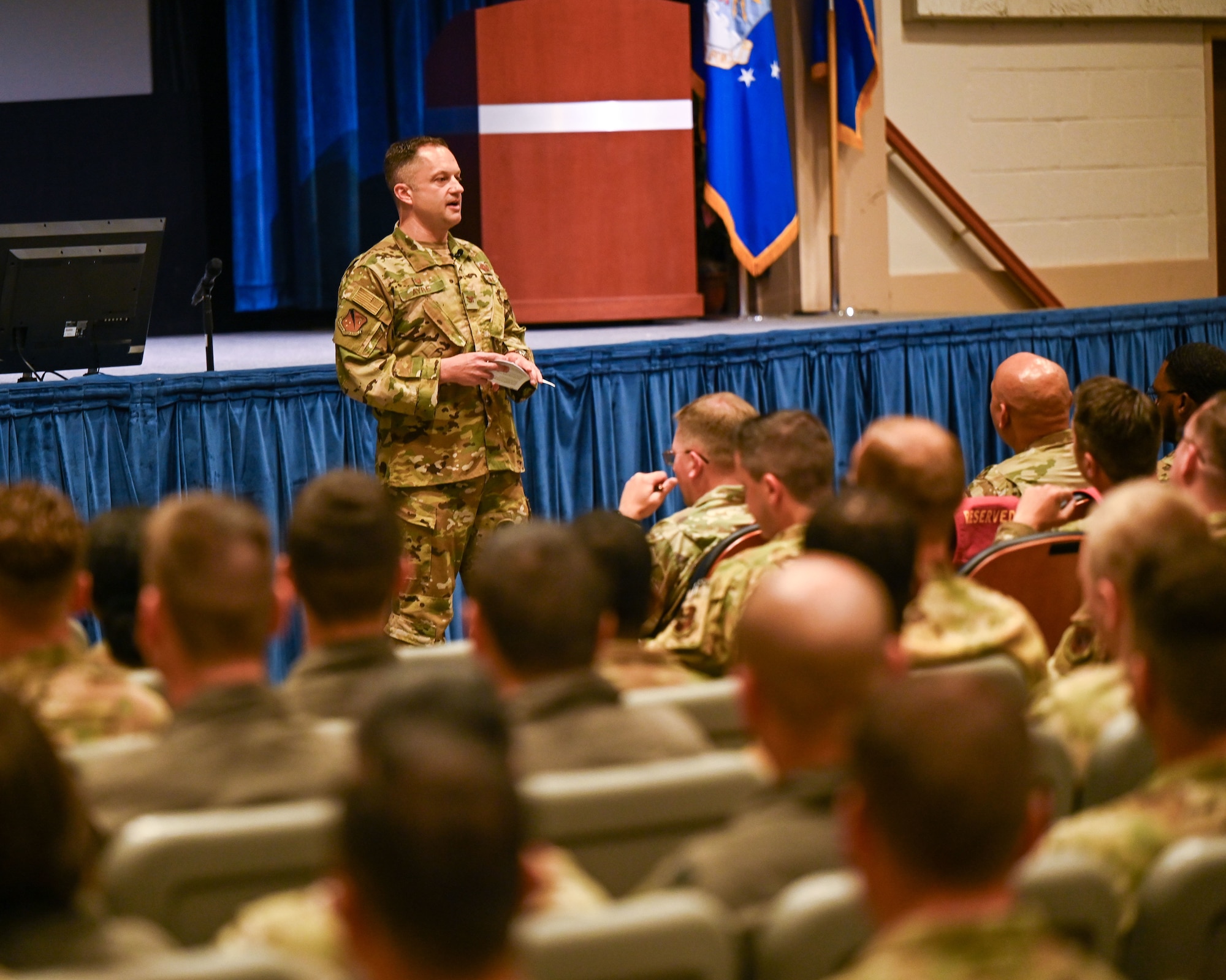 U.S. Air Force Col. Steve Ayre, Squadron Officer School commandant, speaks to new SOS students at Maxwell Air Force Base, Alabama, July 31, 2025.