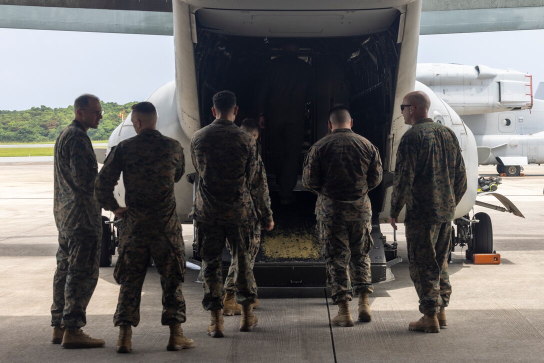 U.S. Marines board an MV-22 Osprey during an Alert Contingency Marine Air Ground Task Force (ACM) drill on Marine Corps Air Station Futenma, Okinawa, Japan, July 15, 2025. The ACM exercise is a simulated crisis response drill that must be executed within 24 hours to prepare Marines to mitigate emergencies, provide humanitarian aid, or counter threats to U.S. national interests within the Indo-Pacific region. The Marines are with 3D Marine Expeditionary Brigade. (U.S. Marine Corps photo by Lance Cpl. Jeffrey Pruett)