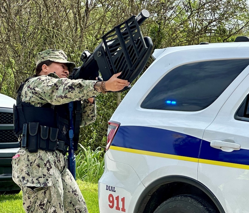 NAVAL BASE GUAM (Aug. 4, 2025) - Personnel from U.S. Naval Base Guam’s (NBG) Navy Security Forces (NSF) simulated a drone attack and entry control point (ECP) penetration at the NBG back gate, July 28. The event was one of numerous assessments as part of Exercise Citadel Pacific 2025 (CP25), July 18 – Aug. 1.