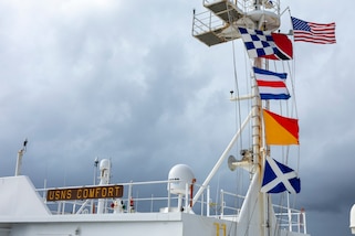 The Mercy-class hospital ship USNS Comfort (T-AH 20) arrives in Port of Spain, Trinidad during Continuing Promise 2025, August 5, 2025. Continuing Promise 2025 is the 16th iteration of the U.S. 4th Fleet/U.S. Naval Forces Southern Command-led mission since 2007, which aims to foster goodwill, strengthen existing partnerships with partner nations, and form new partnerships between host nations, non-federal entities, and international organizations.
