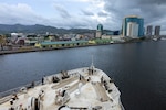 The Mercy-class hospital ship USNS Comfort (T-AH 20) arrives in Port of Spain, Trinidad during Continuing Promise 2025, August 5, 2025. Continuing Promise 2025 is the 16th iteration of the U.S. 4th Fleet/U.S. Naval Forces Southern Command-led mission since 2007, which aims to foster goodwill, strengthen existing partnerships with partner nations, and form new partnerships between host nations, non-federal entities, and international organizations.