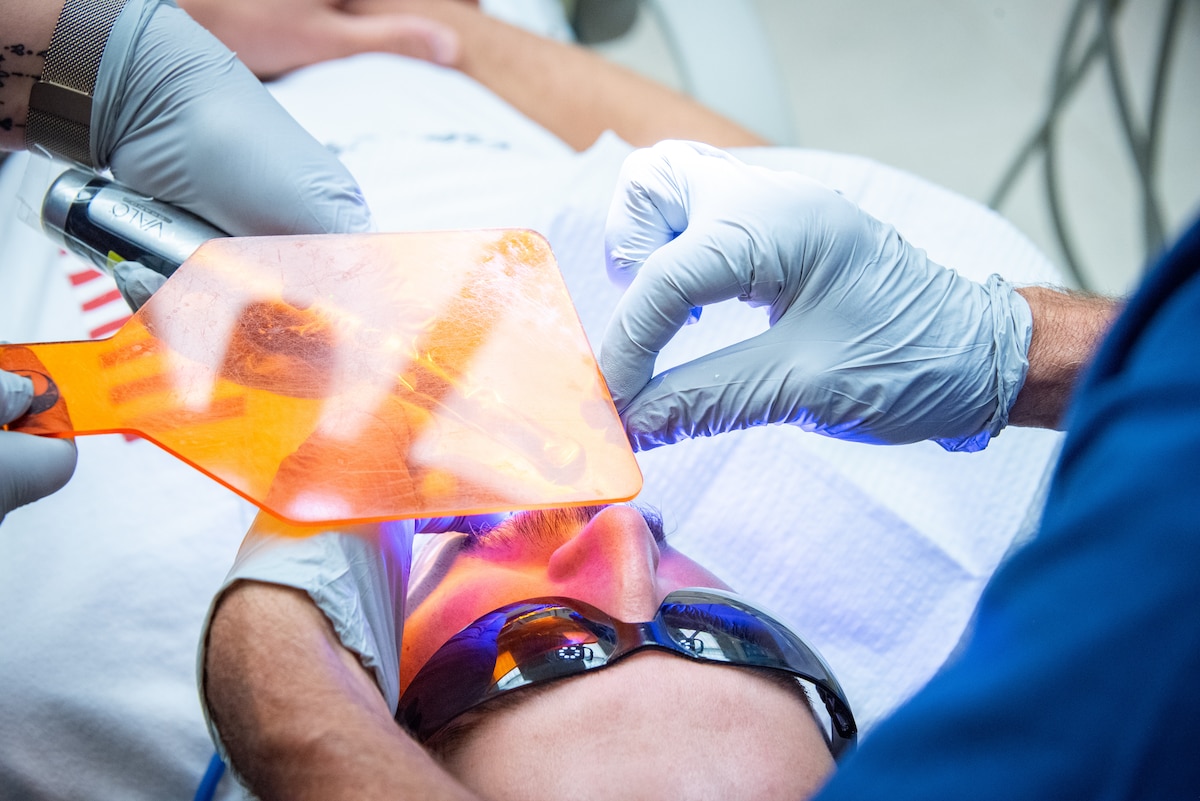 A person receives dental care.