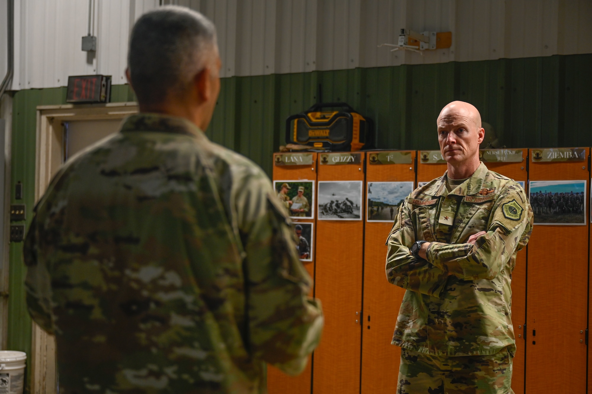 U.S. Air Force Master Sgt. Nicholas Wengerd, 19th Force Support Squadron noncommissioned officer in charge of readiness, briefs Brig. Gen. Christopher Hammond, director of the Chief of Staff of the Air Force’s Implementation Task Force, about Warrior Airman Readiness (WAR) Center operations during his visit to Little Rock Air Force Base, Arkansas, July 31, 2025. During his visit, Hammond highlighted Little Rock’s strong infrastructure and mission-ready Airmen, positioning the base at the forefront of the Air Force’s future force generation efforts.