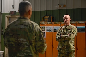 U.S. Air Force Master Sgt. Nicholas Wengerd, 19th Force Support Squadron noncommissioned officer in charge of readiness, briefs Brig. Gen. Christopher Hammond, director of the Chief of Staff of the Air Force’s Implementation Task Force, about Warrior Airman Readiness (WAR) Center operations during his visit to Little Rock Air Force Base, Arkansas, July 31, 2025. During his visit, Hammond highlighted Little Rock’s strong infrastructure and mission-ready Airmen, positioning the base at the forefront of the Air Force’s future force generation efforts.