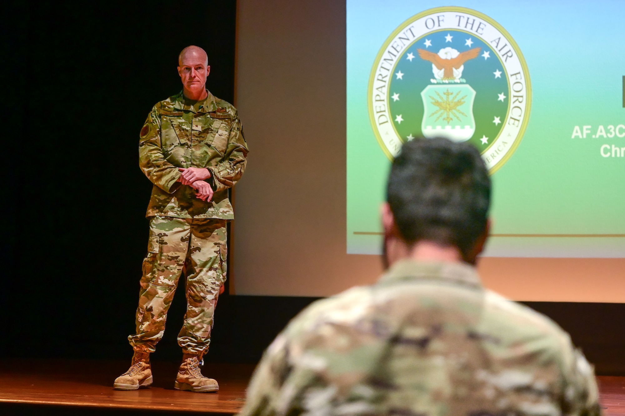 U.S. Air Force Brig. Gen. Christopher Hammond, director of the Chief of Staff of the Air Force’s Implementation Task Force, receives questions from Airmen about Deployable Combat Wing (DCW) initiatives at Little Rock Air Force Base, Arkansas, July 31, 2025. Throughout his visit, Hammond highlighted the operational benefits of the DCW model, noting that unified deployment packages will enhance mission effectiveness while minimizing the inefficiencies associated with the current “piecemeal” approach to deployments.