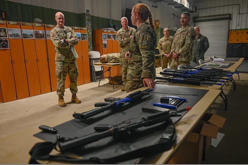 U.S. Air Force 1st Lt. Erin McCabe, 19th Civil Engineer Squadron readiness flight officer, briefs Brig. Gen. Christopher Hammond, director of the Chief of Staff of the Air Force’s Implementation Task Force, about Warrior Airman Readiness (WAR) Center operations during his visit to Little Rock Air Force Base, Arkansas, July 31, 2025. Throughout his visit, Hammond explained the operational benefits of the Deployable Combat Wing model, noting that unified deployment packages will enhance mission effectiveness while minimizing the inefficiencies associated with the current “piecemeal” approach to deployments.