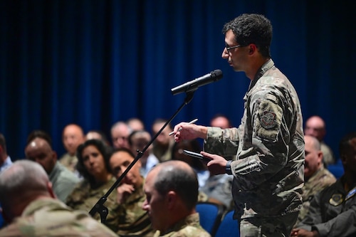A U.S. Air Force Airman asks Brig. Gen. Christopher Hammond, director of the Chief of Staff of the Air Force’s Implementation Task Force, a question about Deployable Combat Wing (DCW) initiatives at Little Rock Air Force Base, Arkansas, July 31, 2025. During his visit, Hammond met with Airmen across Herk Nation to explain how the DCW initiative will enable critical changes to the way the Air Force organizes, trains, certifies and deploys forces to accelerate readiness and maximize combat credibility.