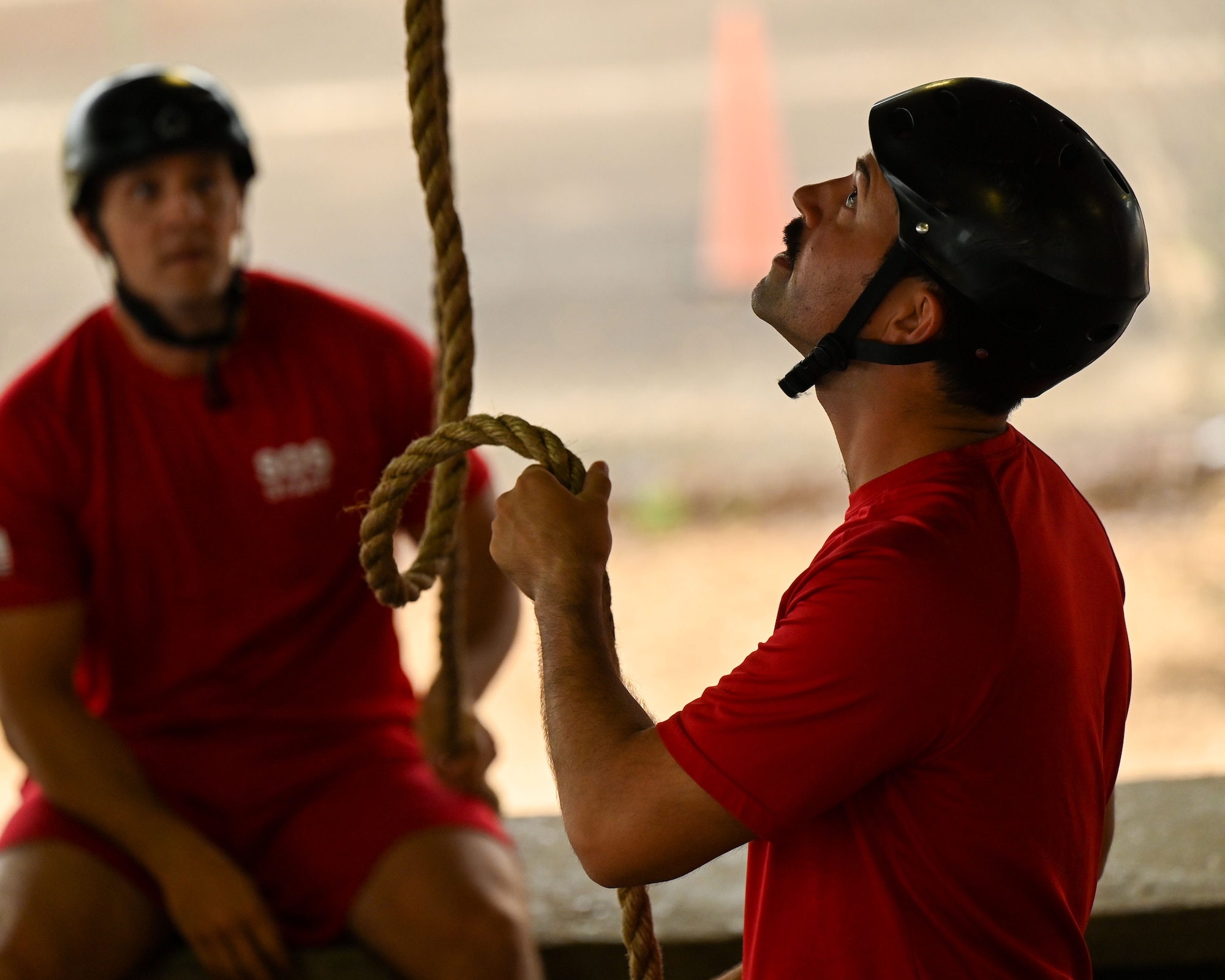 U.S. Air Force Capt. Jaren Rone, 32nd Student Squadron, Squadron Officer School, flight commander and instructor, pulls on a rope during a field exercise for Project X at Maxwell Air Force Base, Alabama, July 24, 2025.