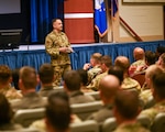 U.S. Air Force Col. Steve Ayre, Squadron Officer School commandant, speaks to new SOS students at Maxwell Air Force Base, Alabama, July 31, 2025.