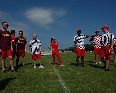 Squadron Officer School instructors participate in a field leadership exercise at Maxwell Air Force Base, Alabama, July 22, 2025.