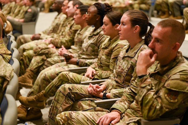 Squadron Officer School students attend a welcome brief at Maxwell Air Force Base, Alabama, July 31, 2025.