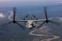 An MV-22B Osprey assigned to Marine Medium Tiltrotor Squadron (VMM) 363, Marine Rotational Force - Darwin 25.3, flies in a formation flight with CV-22 Ospreys assigned to the 21st Special Operations Squadron, 353rd Special Operations Wing, near Lal-lo, Philippines, during a foreign disaster relief operation, Aug. 3, 2025.