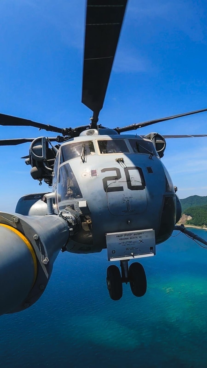 An MH-53E Sea Dragon Helicopter assigned to Helicopter Mine Countermeasures Squadron Fifteen (HM-15) conducts a daytime familiarization flight during Mine Warfare Exercise (MINEX) 2JA near Ominato, Japan, July 15, 2025.