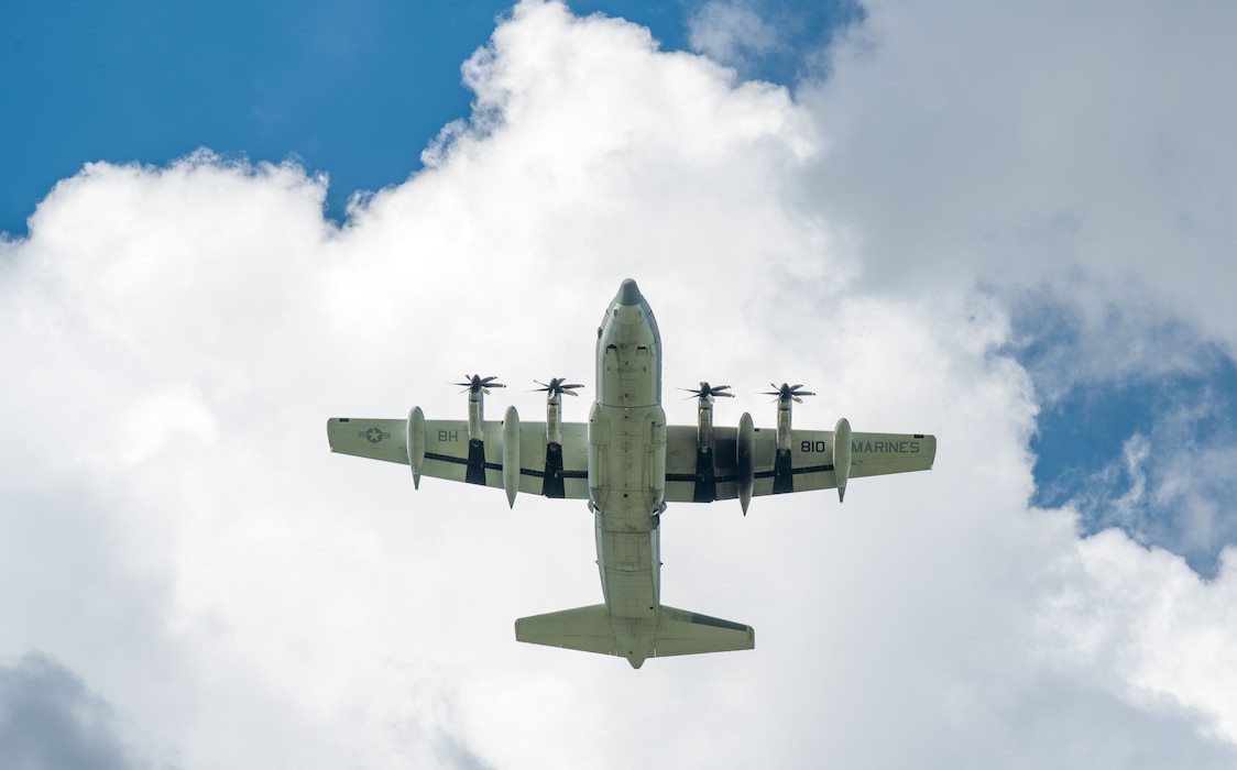 A KC-130 carrying soldiers from the 412th Civil Affairs Battalion prepares to conduct a jump exercise at Wright-Patterson Air Force Base, Ohio, Aug. 2, 2025.  Based in Columbus, Ohio, the 412th is a U.S. Army Reserve unit that regularly conducts parachute training exercises and airborne operations. (U.S. Air Force photo by Jack Gardner)