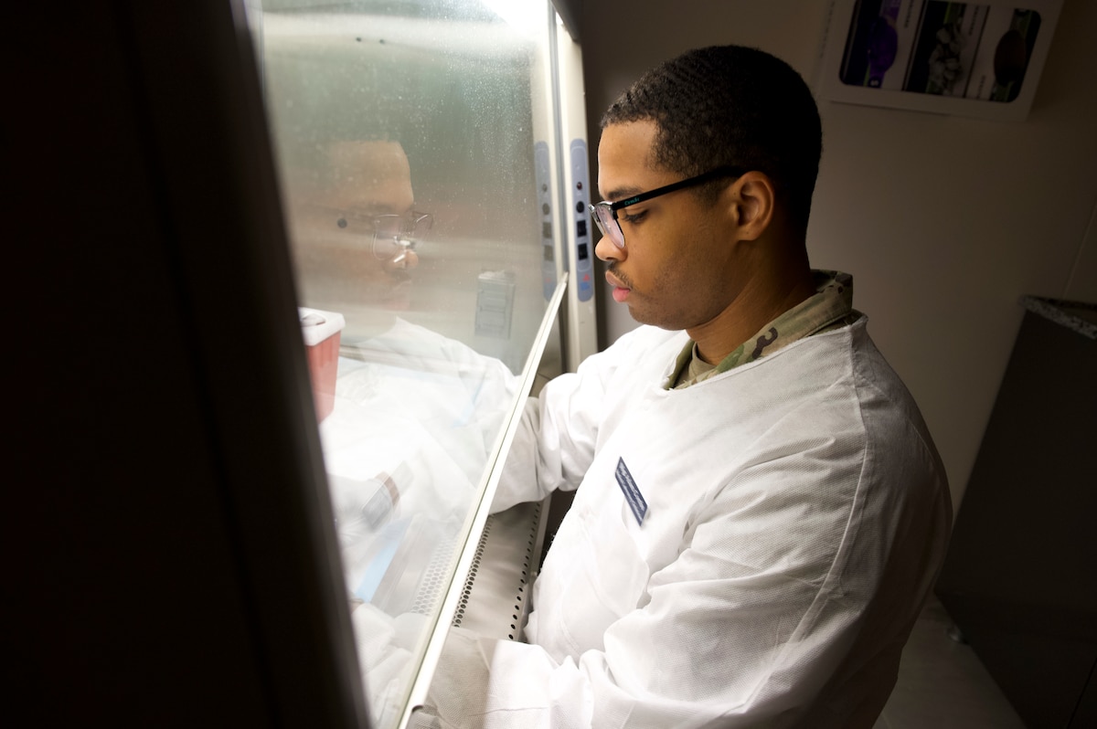 U.S. Air Force Staff Sgt. Adam Combs, 39th Medical Group noncommissioned officer in charge of Clinical Laboratory Operations, prepares a sample for testing at Incirlik Air Base, Türkiye, July 25, 2025.