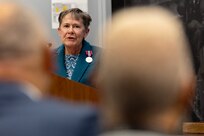 Susan Gillison, U.S. Army Financial Management Command Military Pay Operations director, delivers remarks during her retirement ceremony at the Maj. Gen. Emmett J. Bean Federal Center in Indianapolis Oct. 28, 2024. Gillison, a Mercer, Pennsylvania native, is an Army veteran whose service to the nation spans 41 years with more than 2 years in the U.S. Army Reserve, more than 21 years in the Regular Army, and more than 17 years of government civilian service with the Defense Finance and Accounting Service and USAFMCOM. (U.S. Army photo by Mark R. W. Orders-Woempner)