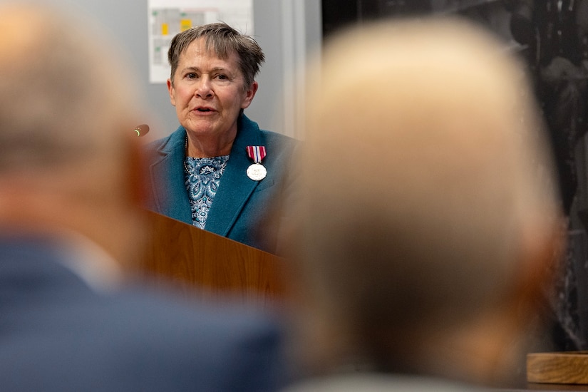 Susan Gillison, U.S. Army Financial Management Command Military Pay Operations director, delivers remarks during her retirement ceremony at the Maj. Gen. Emmett J. Bean Federal Center in Indianapolis Oct. 28, 2024. Gillison, a Mercer, Pennsylvania native, is an Army veteran whose service to the nation spans 41 years with more than 2 years in the U.S. Army Reserve, more than 21 years in the Regular Army, and more than 17 years of government civilian service with the Defense Finance and Accounting Service and USAFMCOM. (U.S. Army photo by Mark R. W. Orders-Woempner)