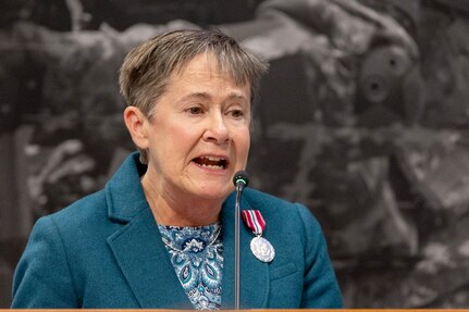 Susan Gillison, U.S. Army Financial Management Command Military Pay Operations director, delivers remarks during her retirement ceremony at the Maj. Gen. Emmett J. Bean Federal Center in Indianapolis Oct. 28, 2024. Gillison, a Mercer, Pennsylvania native, is an Army veteran whose service to the nation spans 41 years with more than 2 years in the U.S. Army Reserve, more than 21 years in the Regular Army, and more than 17 years of government civilian service with the Defense Finance and Accounting Service and USAFMCOM. (U.S. Army photo by Mark R. W. Orders-Woempner)