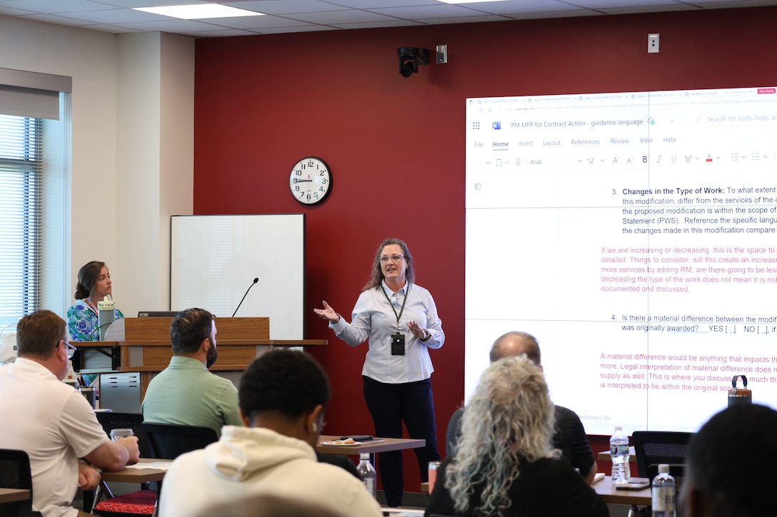 Darcy Hackler, U.S. Army Engineering and Support Center, Huntsville Contracting officer, leads a section of the Fuels Program Project Delivery Team training in order to ensure a smooth fiscal year 2025 close out on Redstone Arsenal, photo by Lillian Putnam.