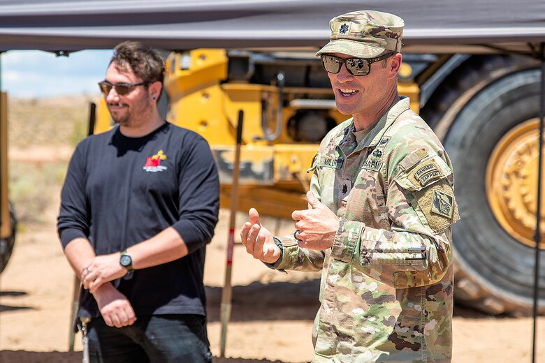 USACE-Albuquerque District Commander Lt. Col. Matthew Miller discusses the Upper Venada Arroyo Improvements Project before breaking ground on the project in Rio Rancho, N.M., Aug. 1, 2025.