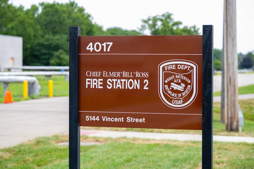 The new sign is displayed outside Fire Station 2 honoring Chief Elmer W. Ross on Aug. 2, 2025, at Wright-Patterson Air Force Base, Ohio. The event recognized Chief Ross’s 23 years of civilian service and included the dedication of Fire Station 2 in his name.