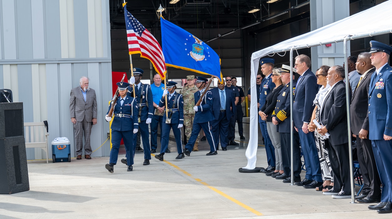 The Wright-Patterson Air Force Base Honor Guard presents the colors during a ceremony honoring Chief Elmer W. Ross on Aug. 2, 2025, at Wright-Patterson Air Force Base, Ohio. The event recognized Chief Ross’s 23 years of civilian service and included the dedication of Fire Station 2 in his name.