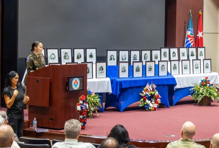 Maj. Gen. Lori Robinson speaks during the AMCOM memorial ceremony held Aug. 5 in the Bob Jones Auditorium on Redstone Arsenal, Ala. The ceremony honored 27 team members who passed away during the year.