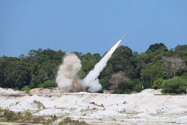 A High Mobility Artillery Rocket System operated by members of the Oklahoma Army National Guard's 1st Battalion, 158th Field Artillery Regiment fires a rocket during Exercise Keris Strike, on July 30, 2025. (Photo provided by US Embassy Kuala Lumpur)