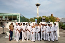 SEATTLE (Aug. 1, 2025) – Sailors and Marines pose for a photo at Climate Pledge Arena during Seattle Fleet Week, Aug. 1, 2025. Seattle Fleet Week is a time-honored celebration of the sea services and provides an opportunity for the citizens of Washington to meet Sailors, Marines and Coast Guardsmen, as well as witness firsthand the latest capabilities of today’s maritime services. (U.S. Navy Photo by Mass Communication Specialist 2nd Class John A. Miller)