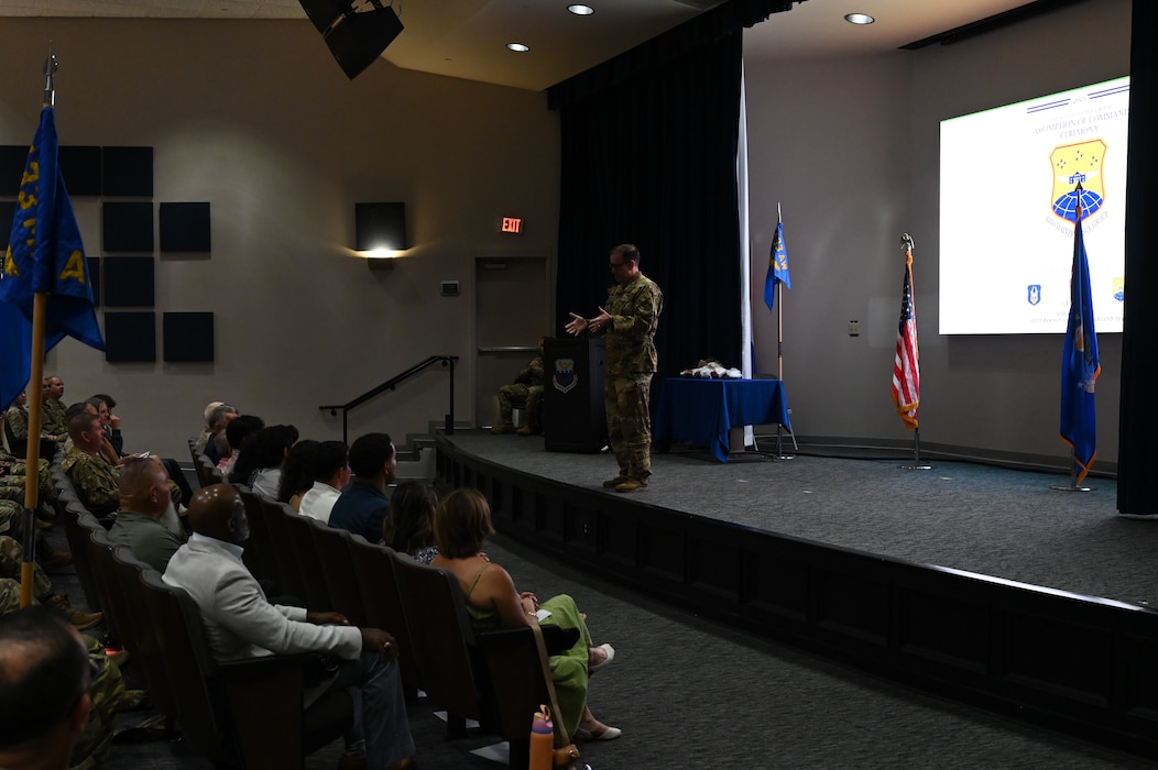 Col. Douglas C. Jeffrey IV, 433rd Airlift Wing commander, addresses guests and personnel during an assumption of command ceremony at Joint Base San Antonio-Lackland, Texas, Aug. 2, 2025.