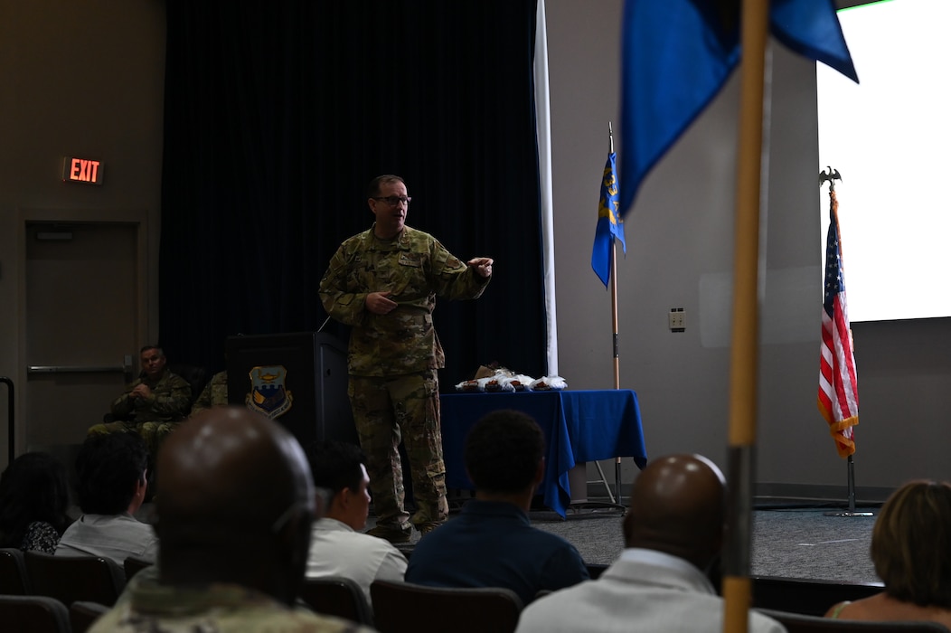Col. Douglas C. Jeffrey IV, 433rd Airlift Wing commander, speaks to the attendees during the 433rd Maintenance Group assumption of command ceremony at Joint Base San Antonio-Lackland, Texas, Aug. 2, 2025.