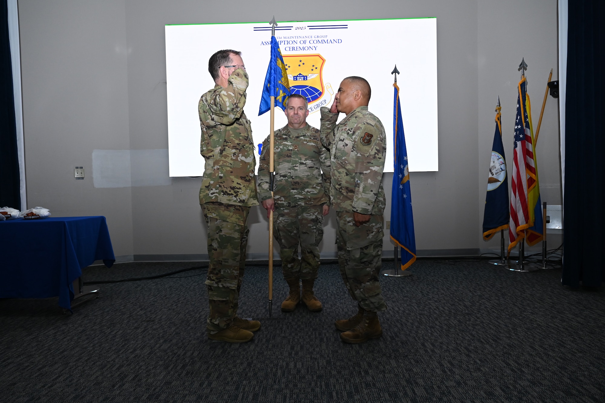 Col. Douglas C. Jeffrey IV, 433rd Airlift Wing commander, and Col. Michael H. M. Egbalic, incoming 433rd Maintenance Group commander, exchanges salutes during an assumption of command ceremony at Joint Base San Antonio-Lackland, Texas, Aug. 2, 2025.
