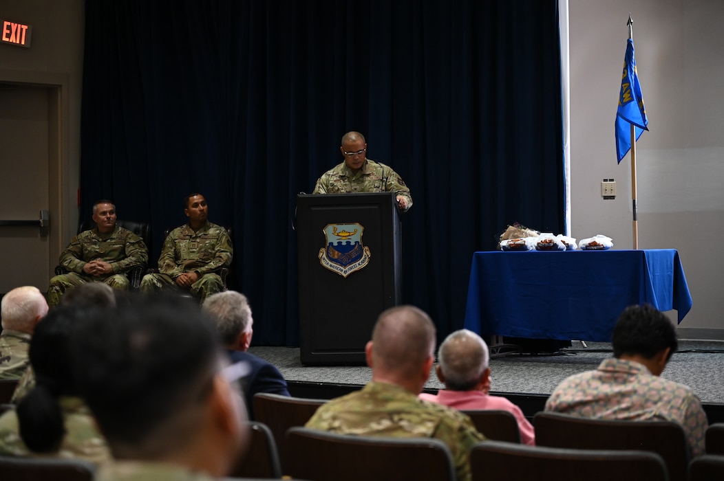 Col. Michael H. M. Egbalic, 433rd Maintenance Group commander, delivers final remarks during his assumption of command ceremony at Joint Base San Antonio-Lackland, Texas, Aug. 2, 2025.