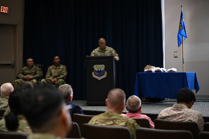 Col. Michael H. M. Egbalic, 433rd Maintenance Group commander, delivers final remarks during his assumption of command ceremony at Joint Base San Antonio-Lackland, Texas, Aug. 2, 2025.