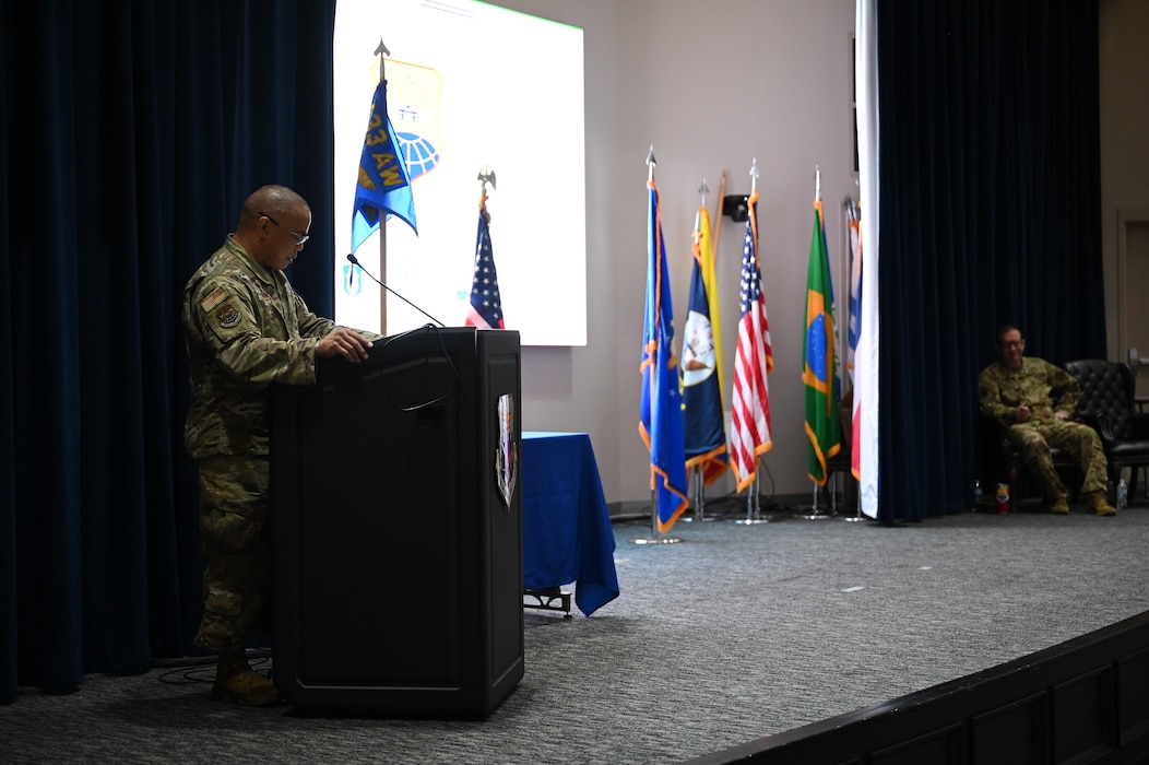 Col. Michael H. M. Egbalic, 433rd Maintenance Group commander, delivers final remarks during his assumption of command ceremony at Joint Base San Antonio-Lackland, Texas, Aug. 2, 2025.