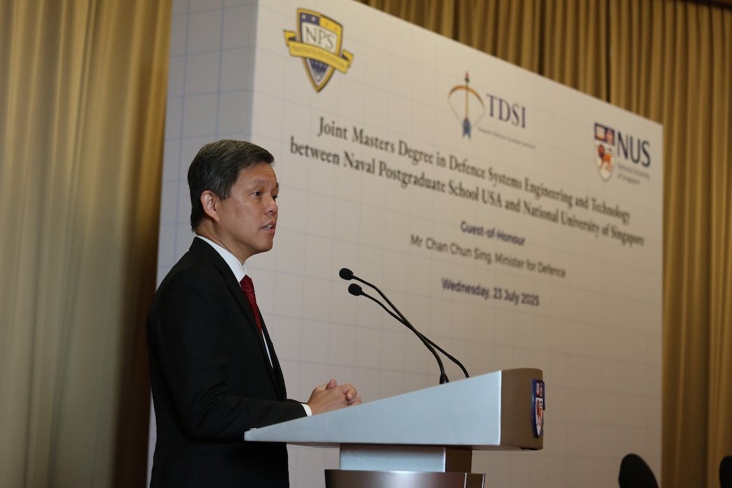 Singapore Minister for Defence Chan Chun Sing provides remarks at the ceremony marking the launch of a new joint degree program between the National University of Singapore’s (NUS) Temasek Defence Systems Institute and the Naval Postgraduate School, July 23 on the NUS campus in Singapore.