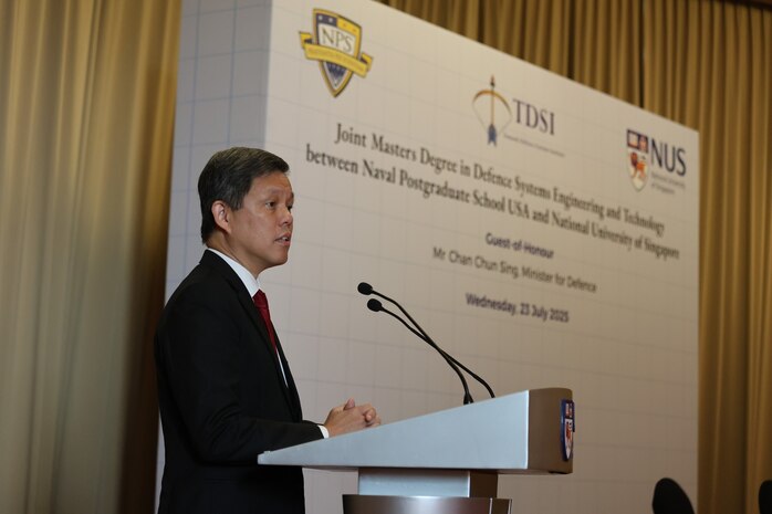 Singapore Minister for Defence Chan Chun Sing provides remarks at the ceremony marking the launch of a new joint degree program between the National University of Singapore’s (NUS) Temasek Defence Systems Institute and the Naval Postgraduate School, July 23 on the NUS campus in Singapore.