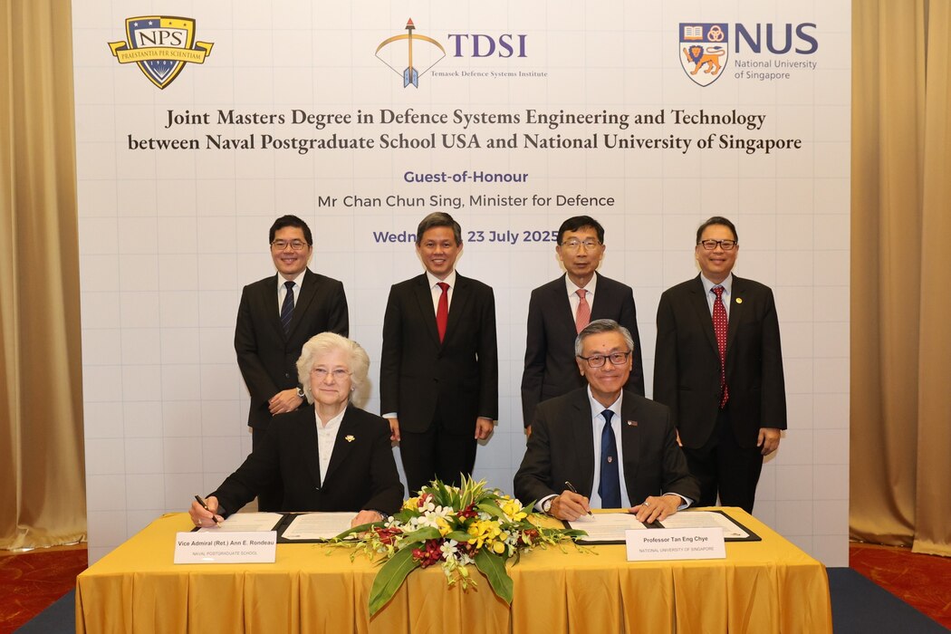National University of Singapore (NUS) President professor Tan Eng Chye and Naval Postgraduate School (NPS) President retired U.S. Navy Vice Adm. Ann E. Rondeau, Ed.D. signed the new partnership agreement during a ceremony held at NUS in Singapore, July 23.