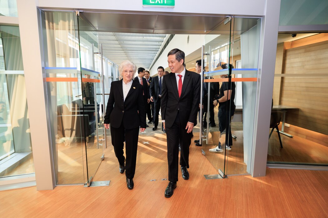 NPS president retired U.S. Navy Vice Adm. Ann E. Rondeau, Ed.D., and the Singapore Minister for Defence Chan Chun Sing conclude the proceedings for the new joint degree program between NPS and the National University of Singapore’s (NUS) Temasek Defence Systems Institute (TDSI), July 23. (