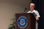 U.S. Navy Adm. Daryl Caudle, speaks during the relinquishment of command ceremony for U.S. Fleet Forces Command (USFFC) aboard Naval Station Norfolk on August 6, 2025.