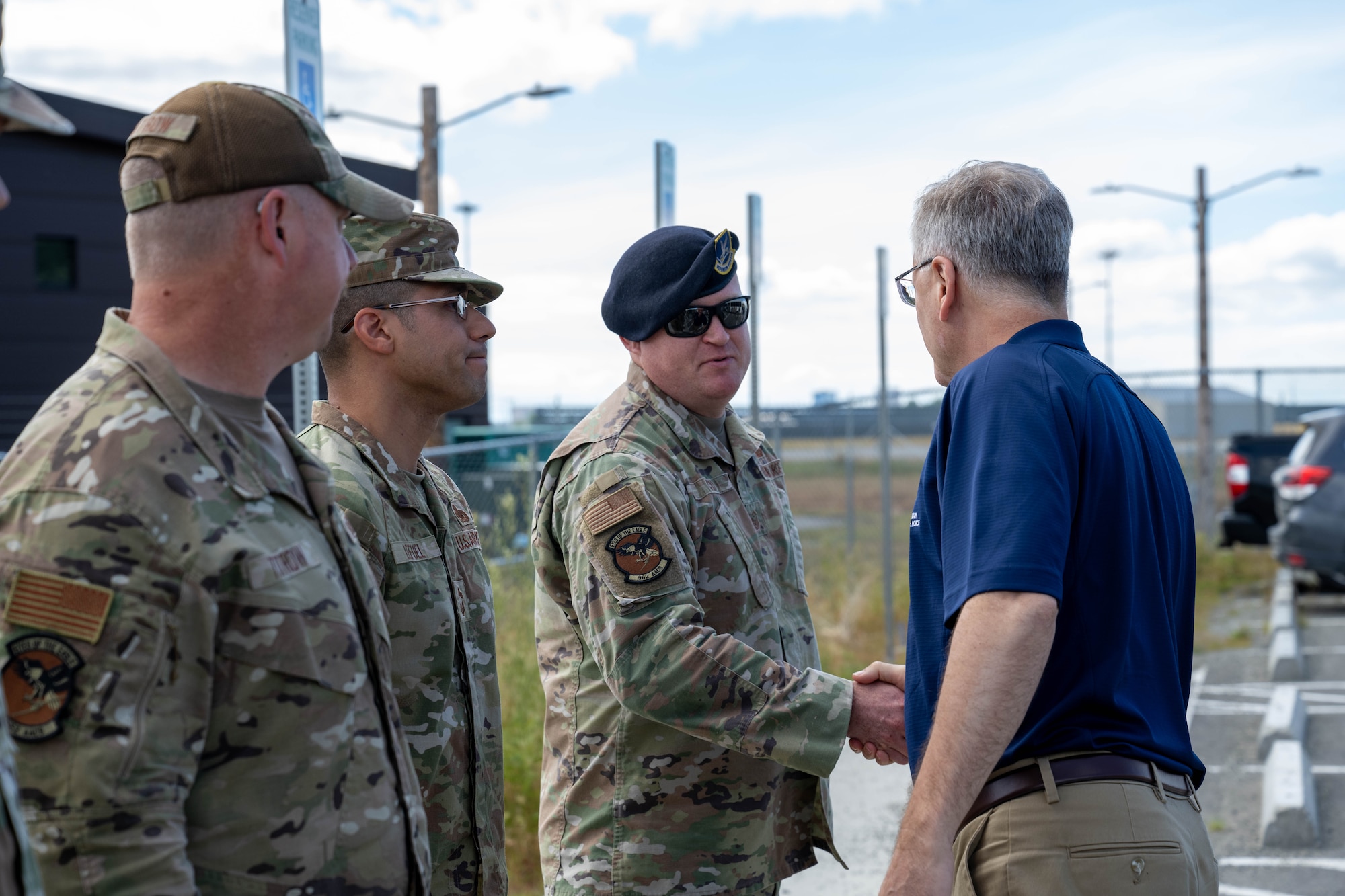 Secretary of the Air Force Troy Meink greets Joint Base Elmendorf-Richardson personnel on JBER, Alaska, July 31, 2025.